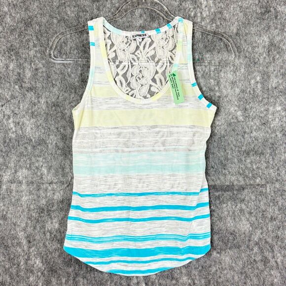 Vtg Express Y2K Burnout Tank Top Lace Back Yellow Teal Blue Stripes Womens XS - Picture 1 of 10